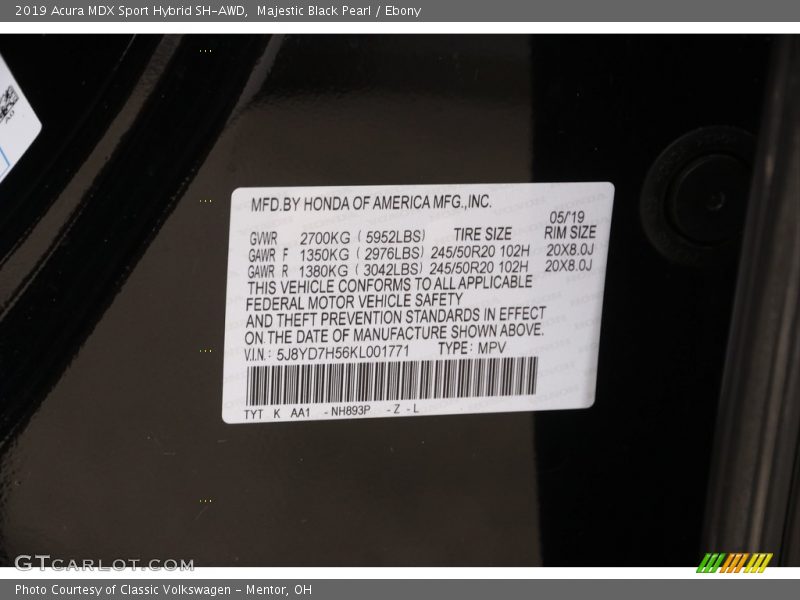 2019 MDX Sport Hybrid SH-AWD Majestic Black Pearl Color Code NH893P