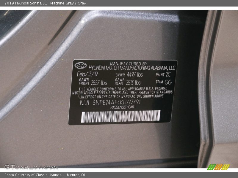 Machine Gray / Gray 2019 Hyundai Sonata SE