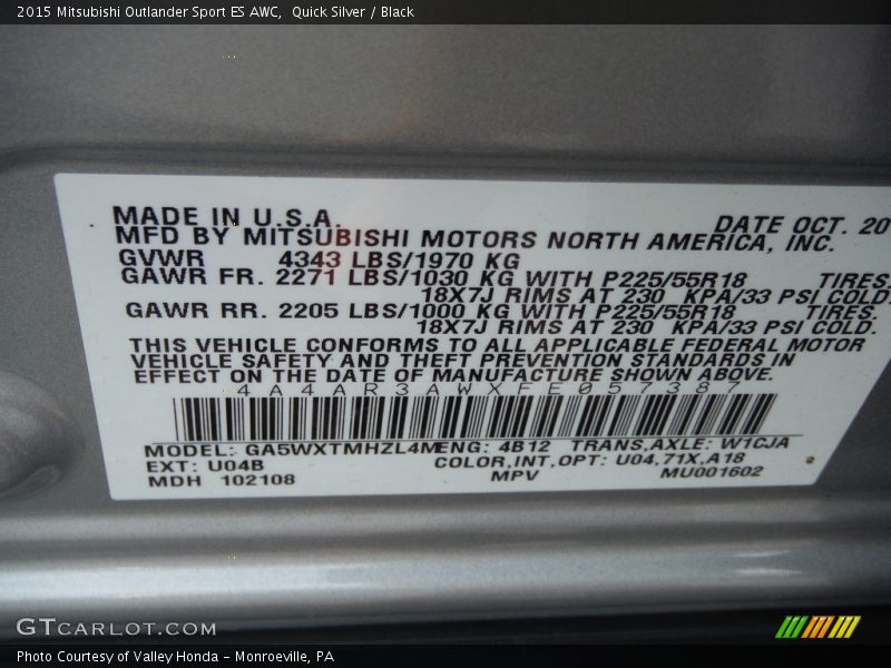 2015 Outlander Sport ES AWC Quick Silver Color Code U04