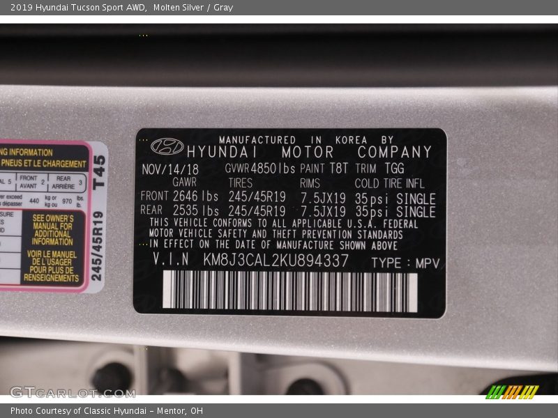 Molten Silver / Gray 2019 Hyundai Tucson Sport AWD