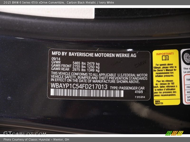 2015 6 Series 650i xDrive Convertible Carbon Black Metallic Color Code 416
