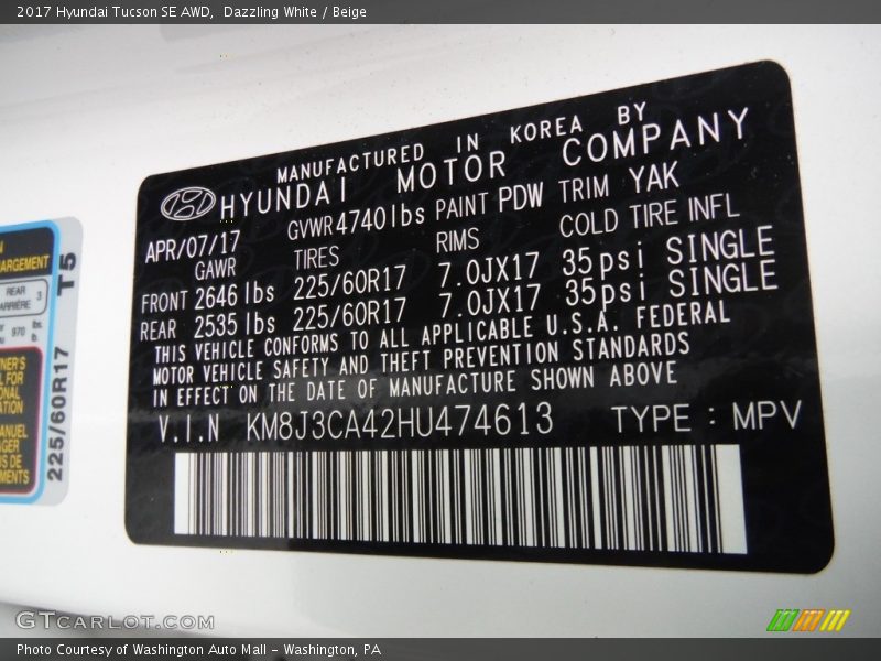 Dazzling White / Beige 2017 Hyundai Tucson SE AWD