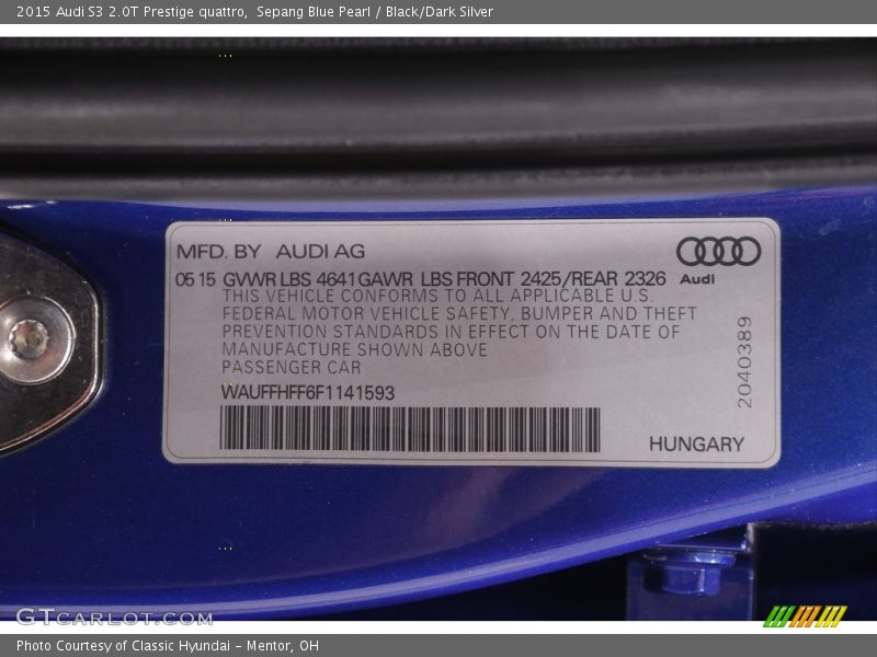 Sepang Blue Pearl / Black/Dark Silver 2015 Audi S3 2.0T Prestige quattro