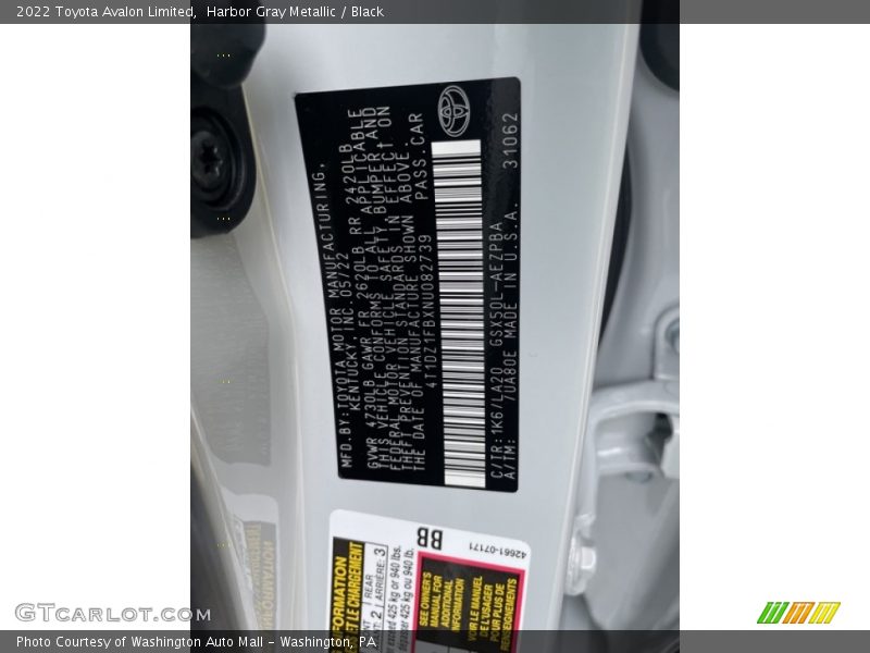 2022 Avalon Limited Harbor Gray Metallic Color Code 1K6