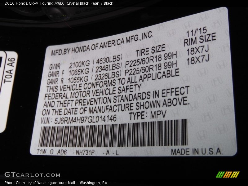 Crystal Black Pearl / Black 2016 Honda CR-V Touring AWD