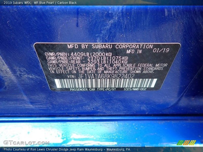 WR Blue Pearl / Carbon Black 2019 Subaru WRX