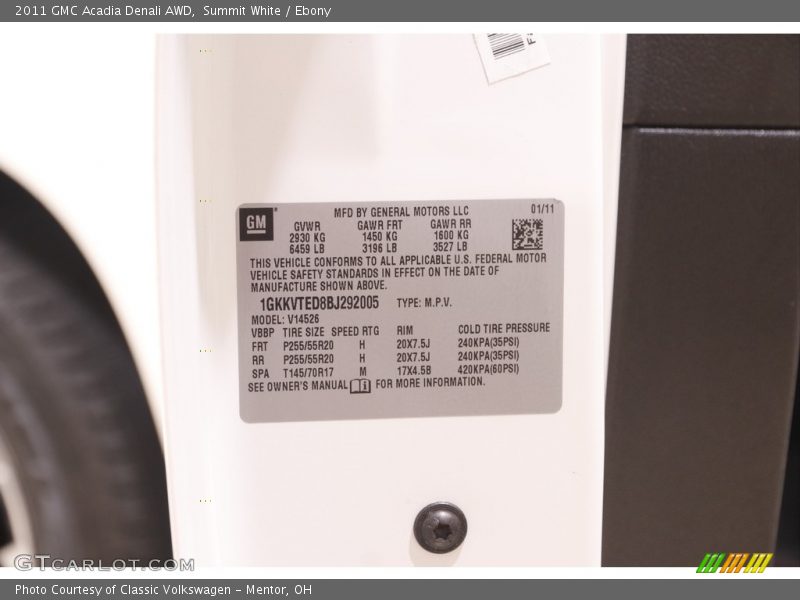 Summit White / Ebony 2011 GMC Acadia Denali AWD