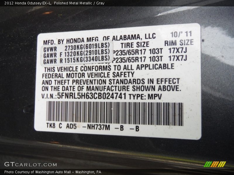 Polished Metal Metallic / Gray 2012 Honda Odyssey EX-L