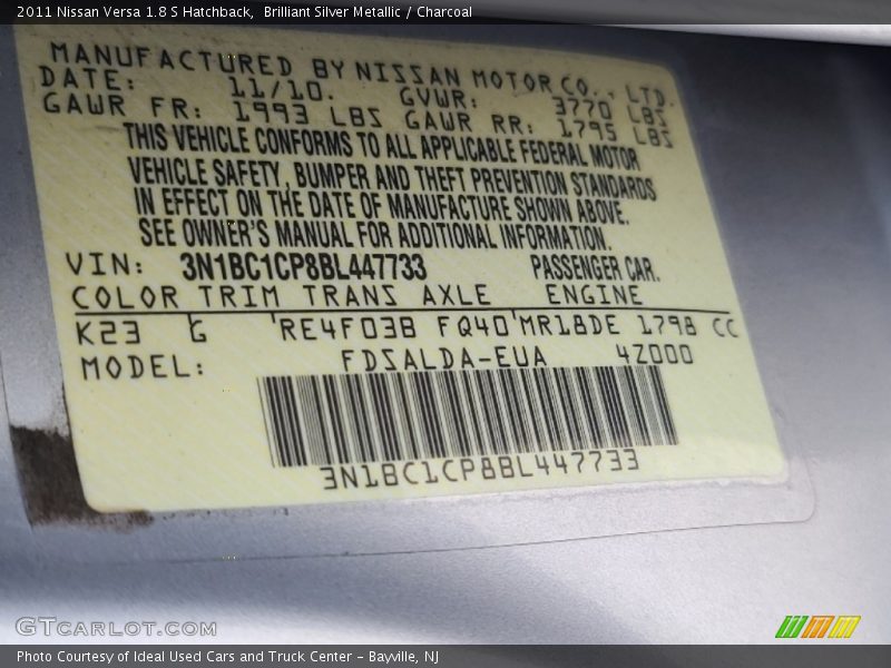 Brilliant Silver Metallic / Charcoal 2011 Nissan Versa 1.8 S Hatchback