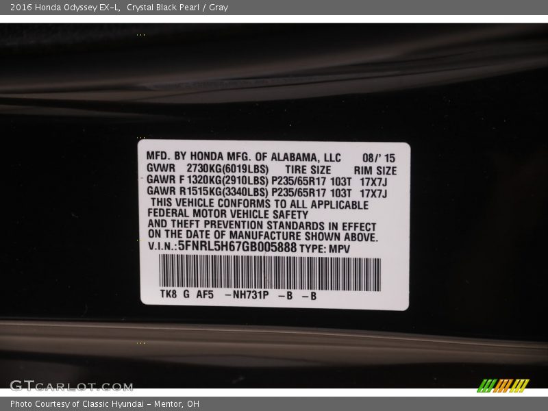 Crystal Black Pearl / Gray 2016 Honda Odyssey EX-L