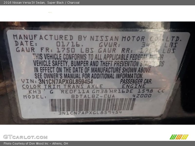 2016 Versa SV Sedan Super Black Color Code KH3