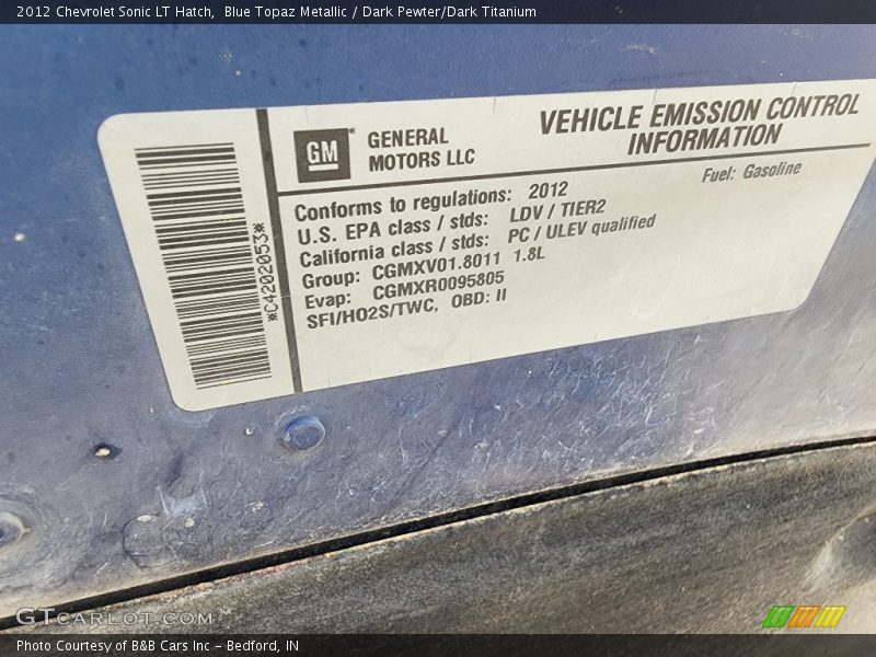 Blue Topaz Metallic / Dark Pewter/Dark Titanium 2012 Chevrolet Sonic LT Hatch