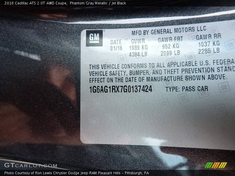 Phantom Gray Metallic / Jet Black 2016 Cadillac ATS 2.0T AWD Coupe