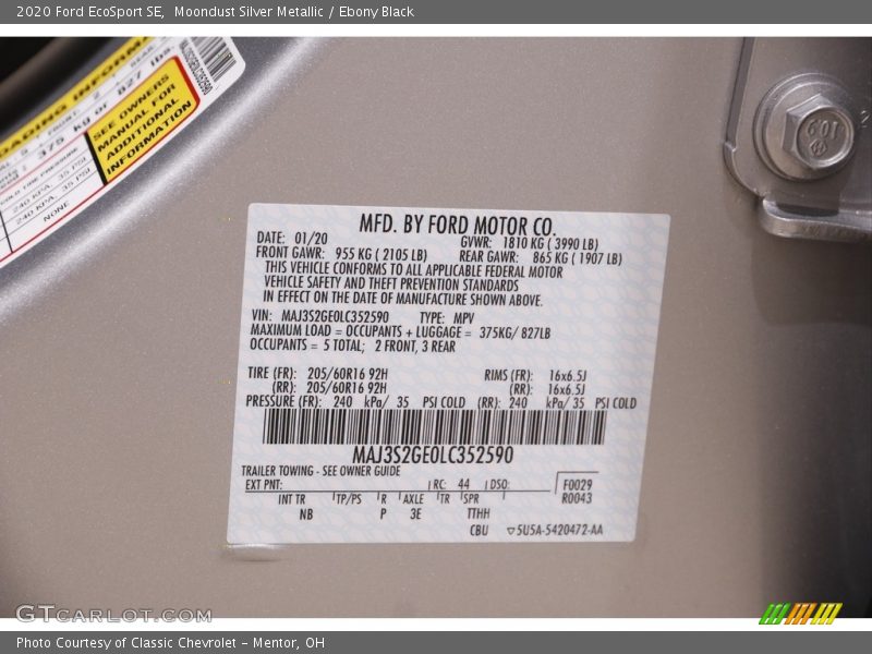 Moondust Silver Metallic / Ebony Black 2020 Ford EcoSport SE