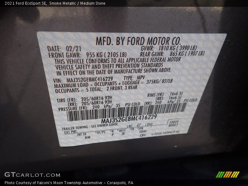 Smoke Metallic / Medium Stone 2021 Ford EcoSport SE