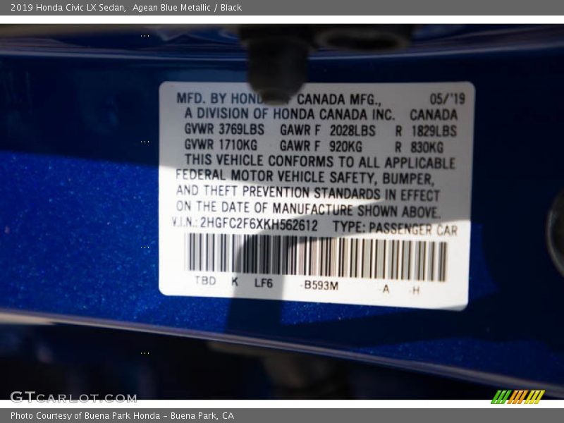 Agean Blue Metallic / Black 2019 Honda Civic LX Sedan
