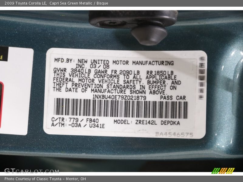 Capri Sea Green Metallic / Bisque 2009 Toyota Corolla LE