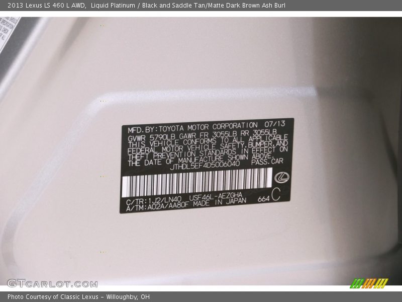 2013 LS 460 L AWD Liquid Platinum Color Code 1J2