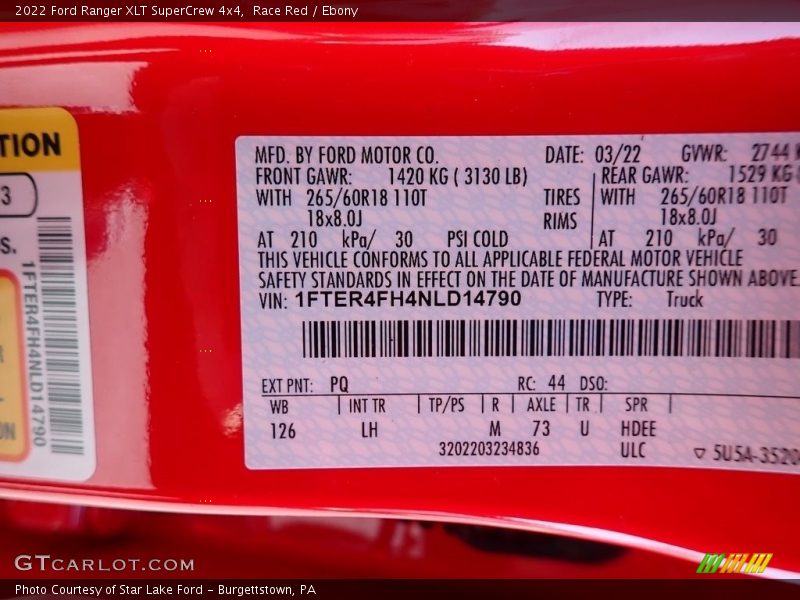 2022 Ranger XLT SuperCrew 4x4 Race Red Color Code PQ
