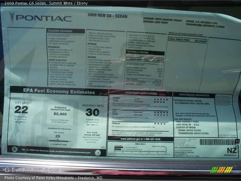 Summit White / Ebony 2009 Pontiac G6 Sedan