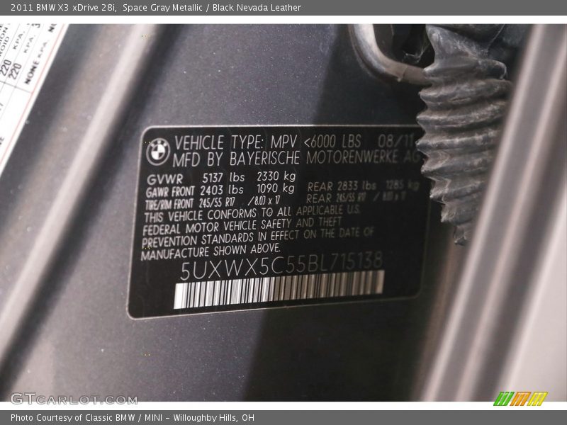 Space Gray Metallic / Black Nevada Leather 2011 BMW X3 xDrive 28i