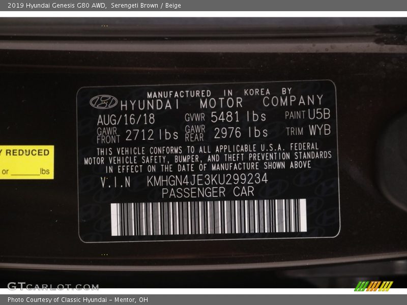 2019 Genesis G80 AWD Serengeti Brown Color Code U5B