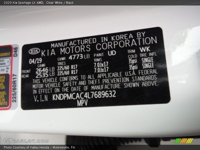 Clear White / Black 2020 Kia Sportage LX AWD