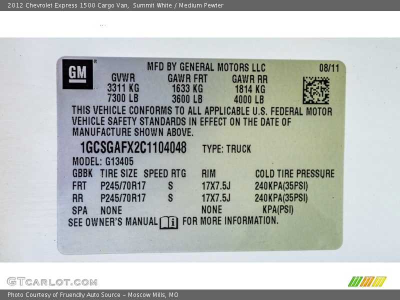 Summit White / Medium Pewter 2012 Chevrolet Express 1500 Cargo Van