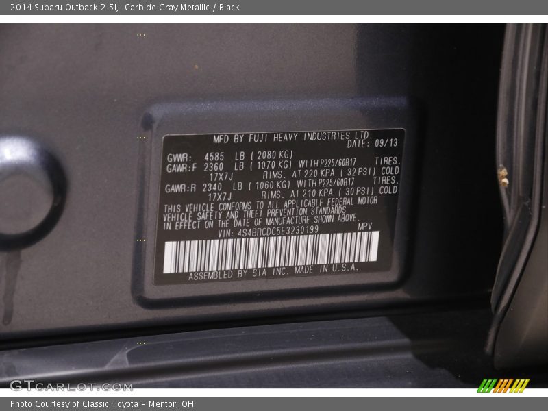 Carbide Gray Metallic / Black 2014 Subaru Outback 2.5i