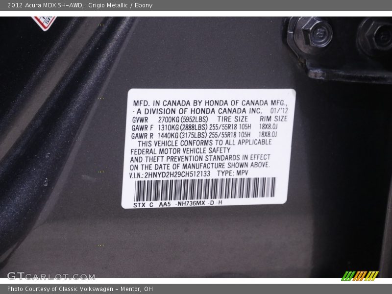 Grigio Metallic / Ebony 2012 Acura MDX SH-AWD