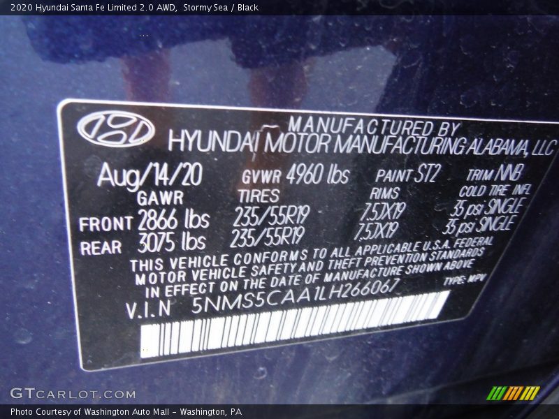 Stormy Sea / Black 2020 Hyundai Santa Fe Limited 2.0 AWD