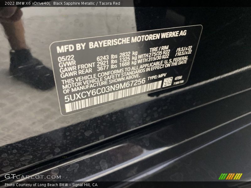 Black Sapphire Metallic / Tacora Red 2022 BMW X6 xDrive40i