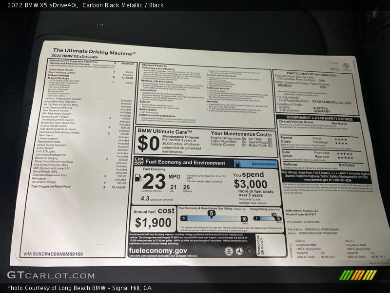  2022 X5 sDrive40i Window Sticker