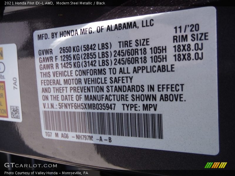 Modern Steel Metallic / Black 2021 Honda Pilot EX-L AWD