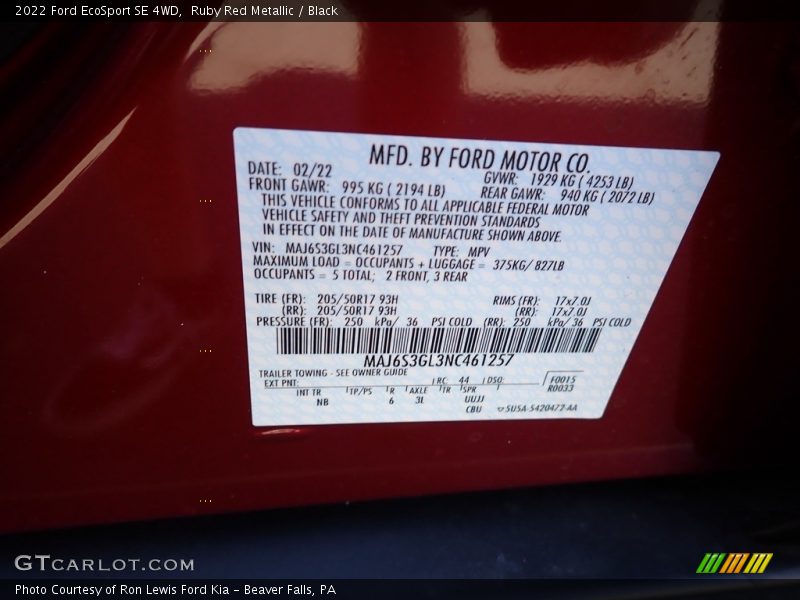 Ruby Red Metallic / Black 2022 Ford EcoSport SE 4WD