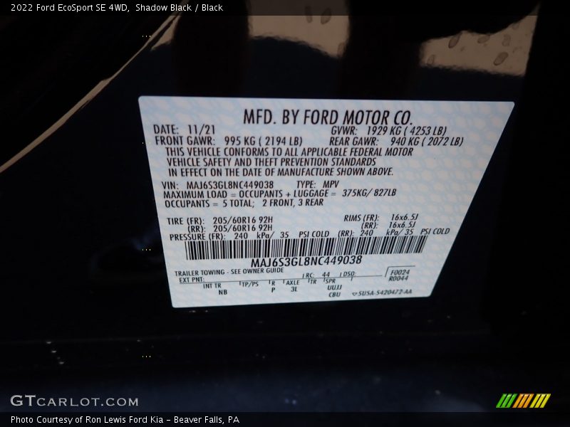 Shadow Black / Black 2022 Ford EcoSport SE 4WD