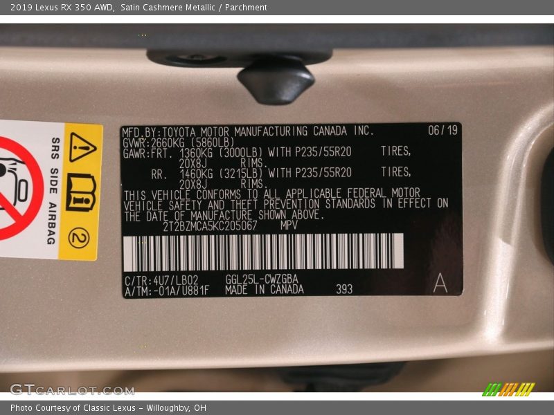 2019 RX 350 AWD Satin Cashmere Metallic Color Code 4U7