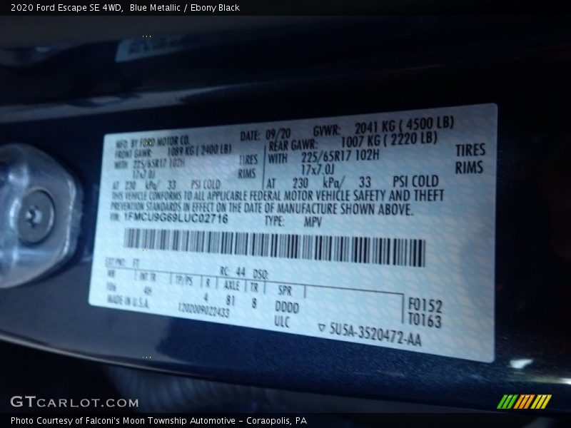 Blue Metallic / Ebony Black 2020 Ford Escape SE 4WD