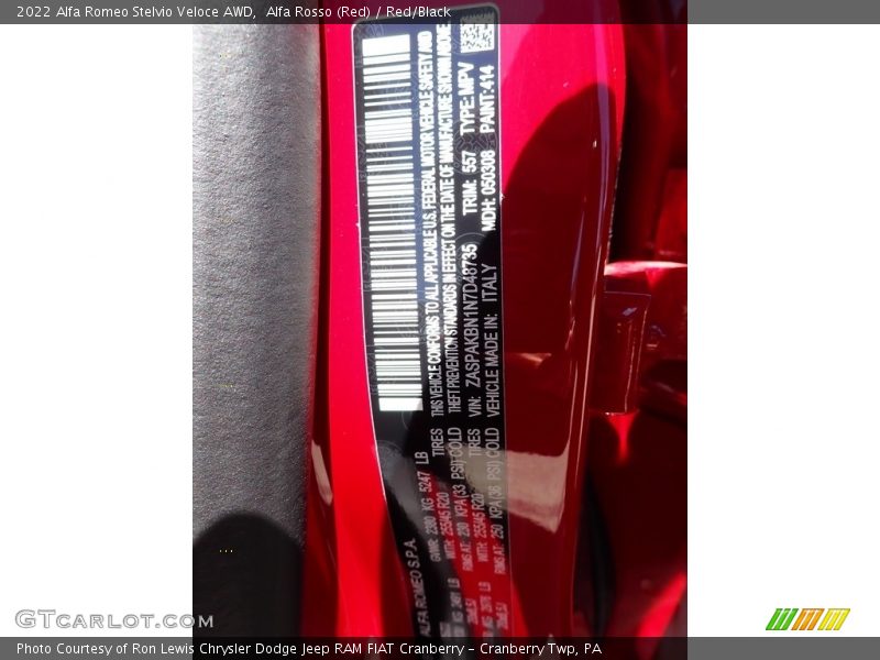 2022 Stelvio Veloce AWD Alfa Rosso (Red) Color Code 414
