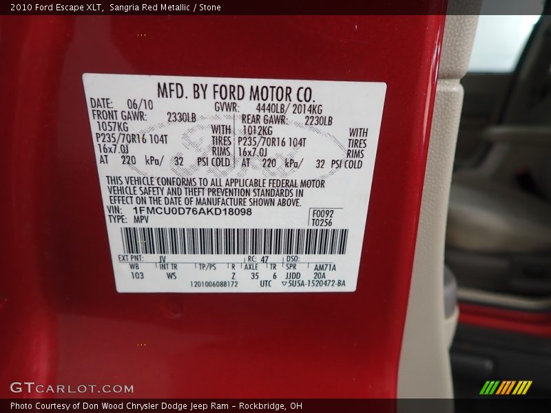 Sangria Red Metallic / Stone 2010 Ford Escape XLT