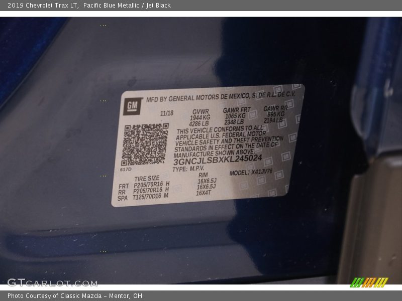 Pacific Blue Metallic / Jet Black 2019 Chevrolet Trax LT