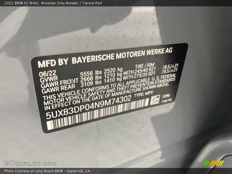 Brooklyn Grey Metallic / Tacora Red 2022 BMW X3 M40i