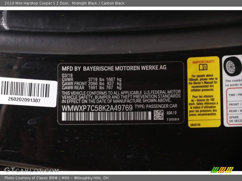 Midnight Black / Carbon Black 2019 Mini Hardtop Cooper S 2 Door