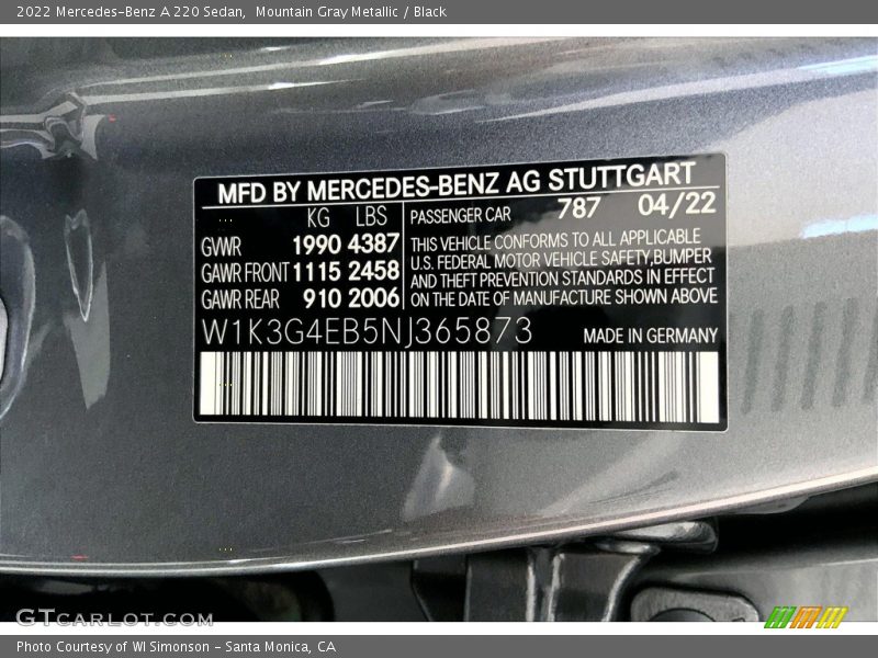 Mountain Gray Metallic / Black 2022 Mercedes-Benz A 220 Sedan