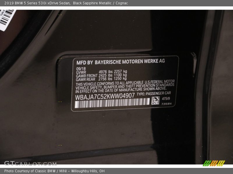 Black Sapphire Metallic / Cognac 2019 BMW 5 Series 530i xDrive Sedan