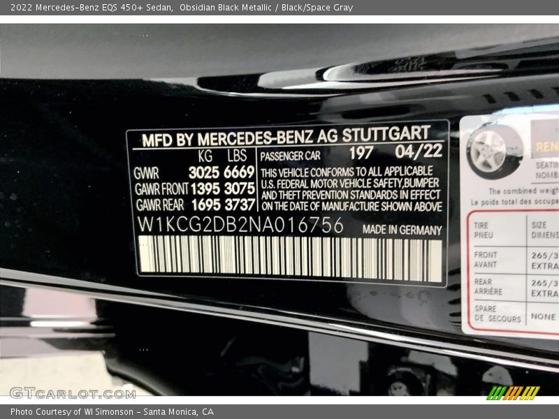 Obsidian Black Metallic / Black/Space Gray 2022 Mercedes-Benz EQS 450+ Sedan