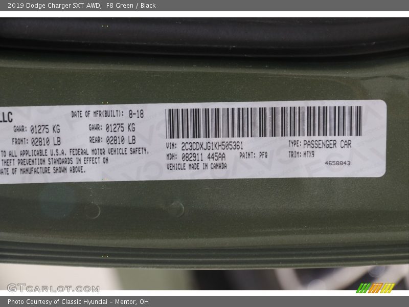 2019 Charger SXT AWD F8 Green Color Code PFG