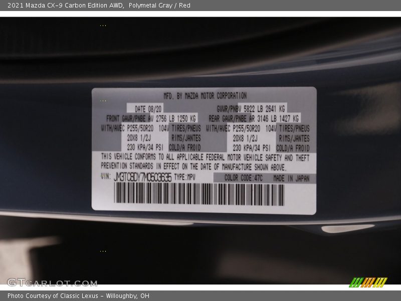 Polymetal Gray / Red 2021 Mazda CX-9 Carbon Edition AWD