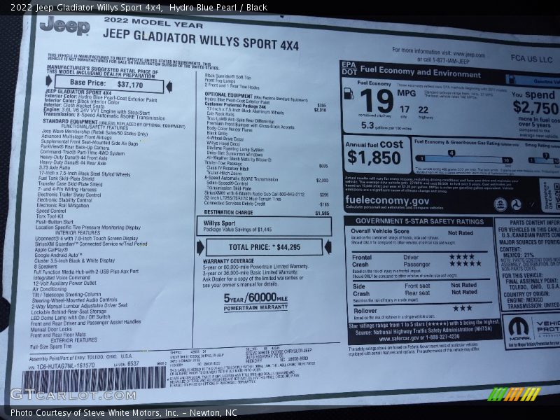 Hydro Blue Pearl / Black 2022 Jeep Gladiator Willys Sport 4x4