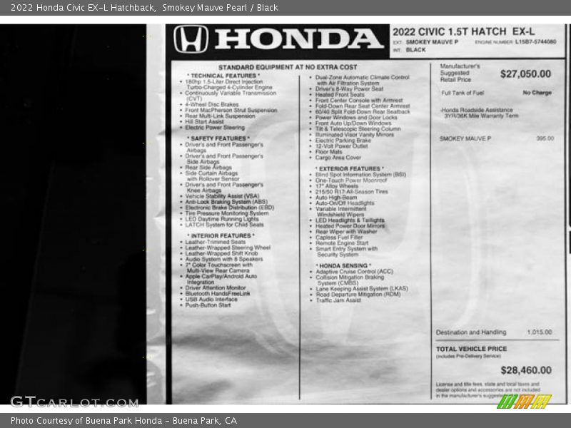  2022 Civic EX-L Hatchback Window Sticker